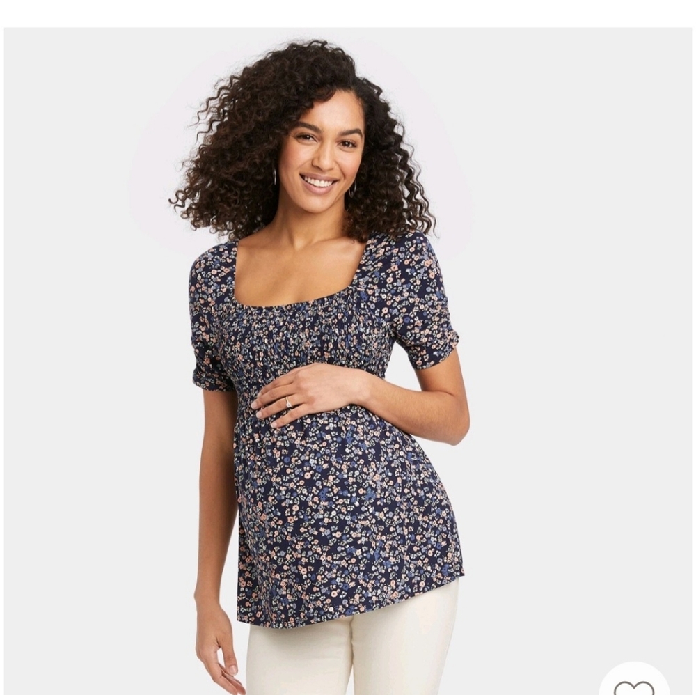 Navy Floral Smocked Maternity Blouse